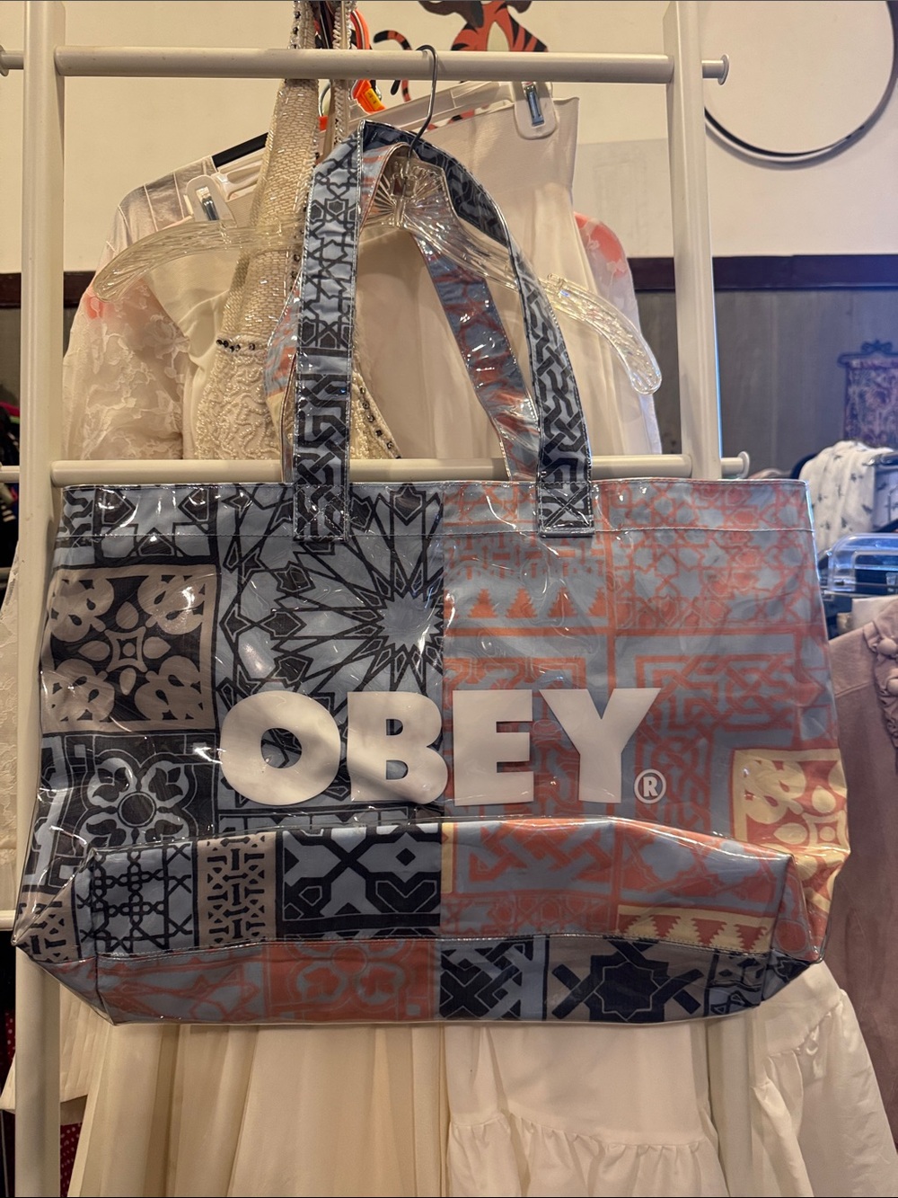OBEY Patchwork Vinyl Tote in Blue and Coral